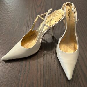 BCBGirls White Patent Leather Pointy Toed Slingback Heels (Women's Size 9)